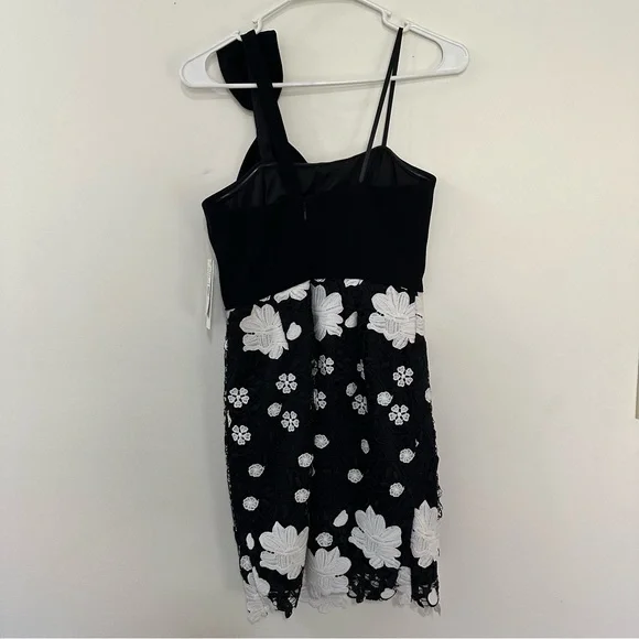 Aidan by Aidan Mattox black white floral lace mini dress one-shoulder bow NWT - Picture 7 of 10